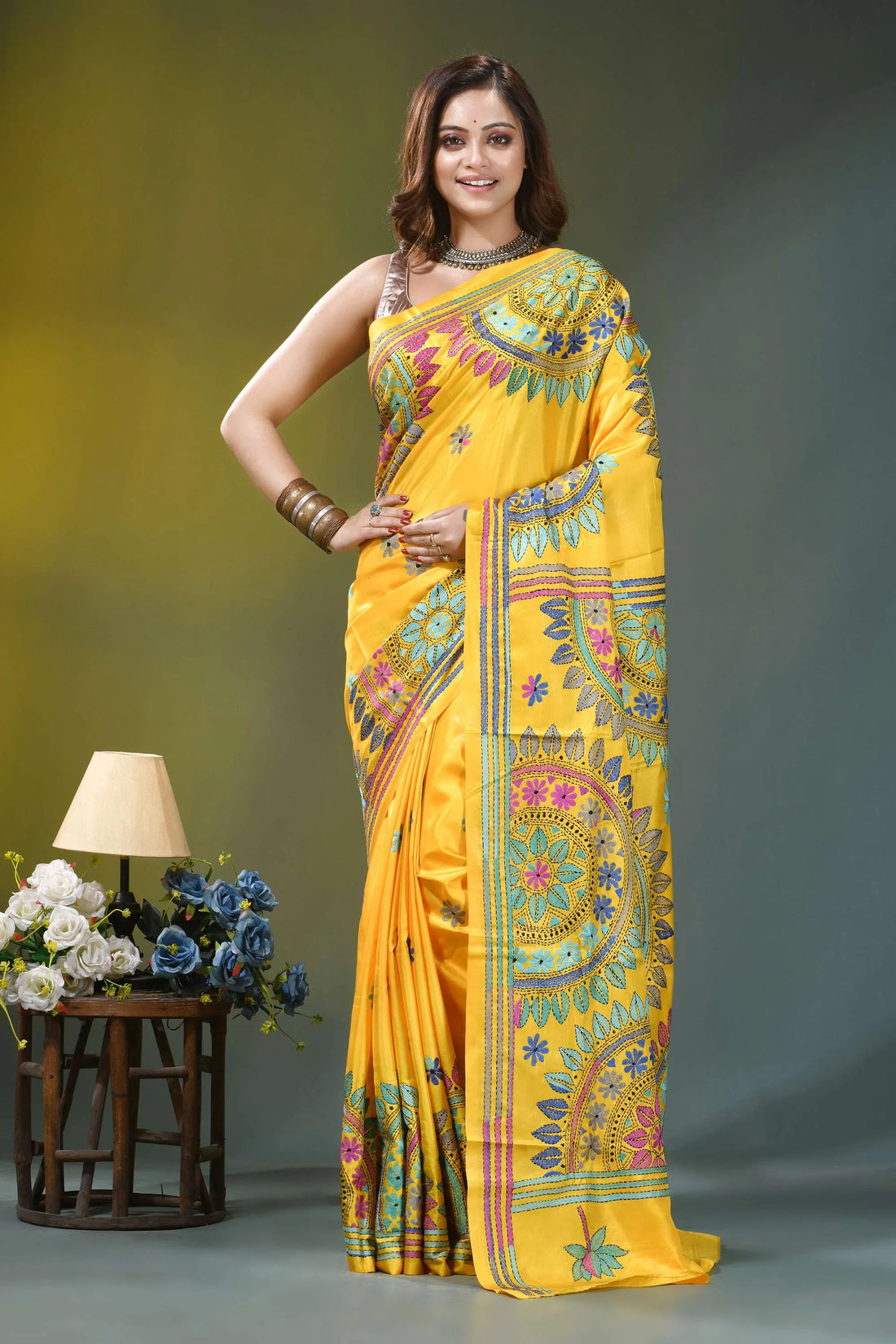 Golden yellow mandala pattern handcrafted silk kantha saree vibrant yellow saree intricate floral 1