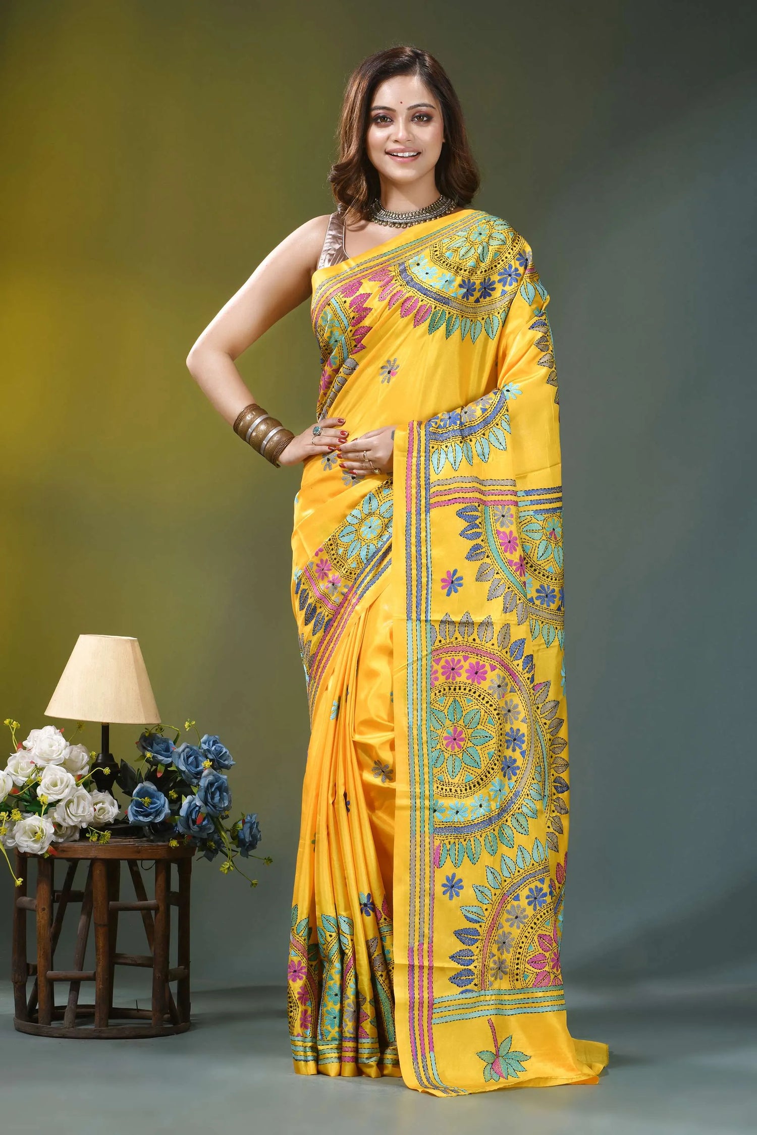 Golden yellow mandala pattern handcrafted silk kantha saree vibrant yellow saree intricate floral 1