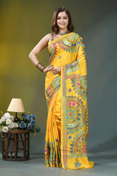 Golden yellow mandala pattern handcrafted silk kantha saree vibrant yellow saree intricate floral 1