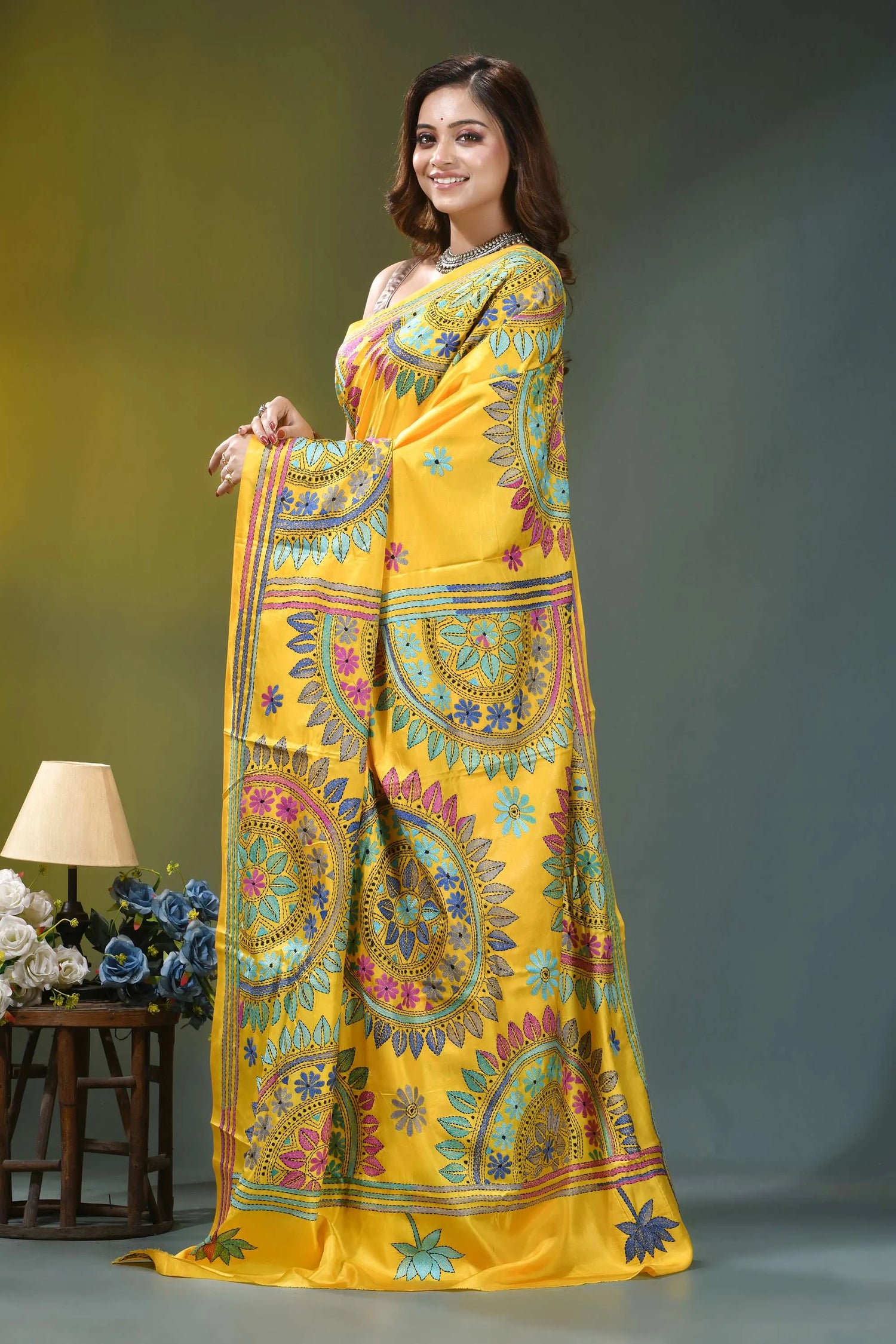 Golden yellow mandala pattern handcrafted silk kantha saree vibrant yellow saree adorned intricate 3