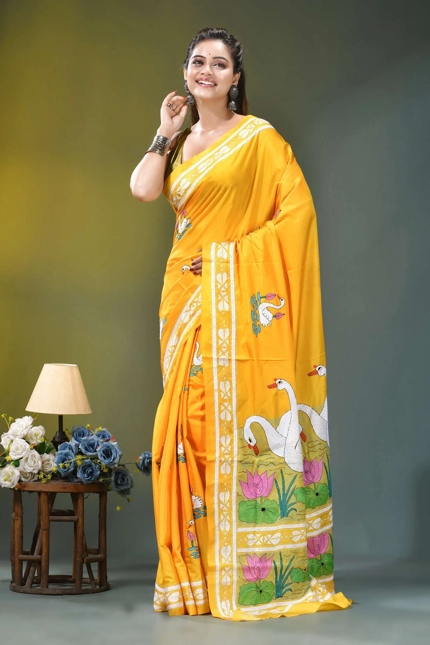 Golden yellow multi-thread nature theme silk kantha work saree vibrant yellow silk saree adorned 7