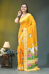 Golden yellow multi-thread nature theme silk kantha work saree vibrant yellow silk saree adorned 7