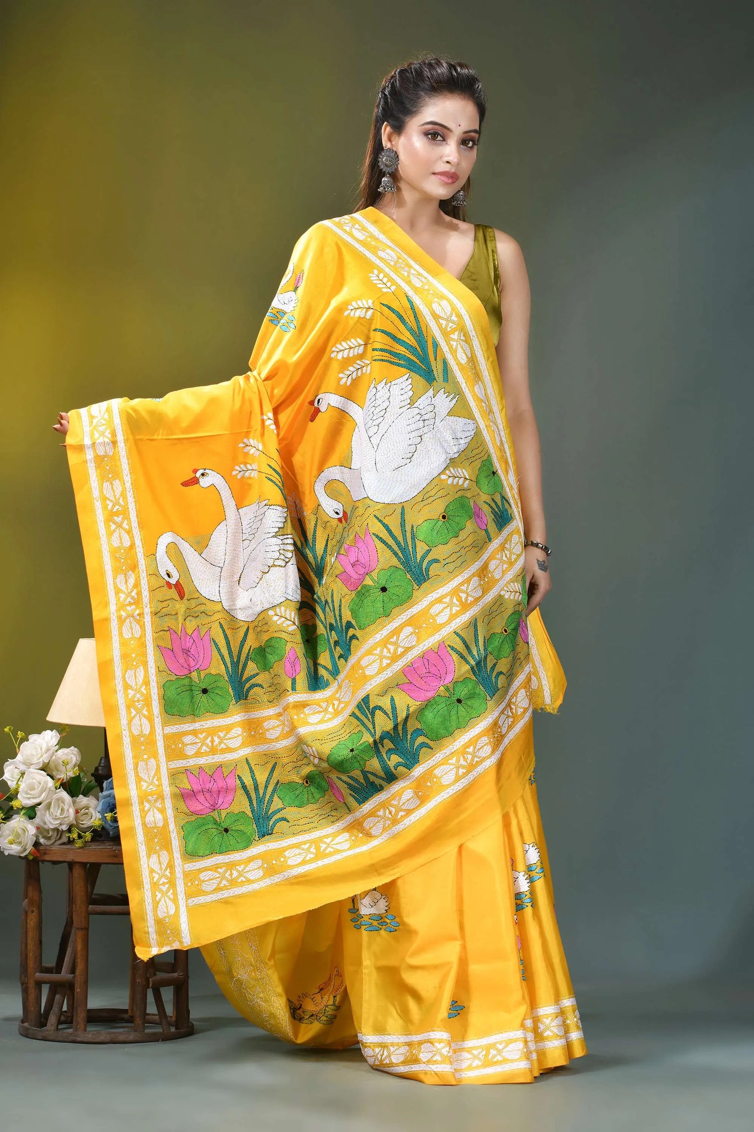 Golden yellow multi-thread nature theme silk kantha work saree vibrant yellow saree adorned embroidered 6