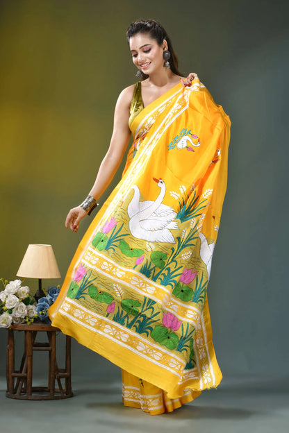 Golden yellow multi-thread nature theme silk kantha work saree vibrant yellow saree adorned intricate 4