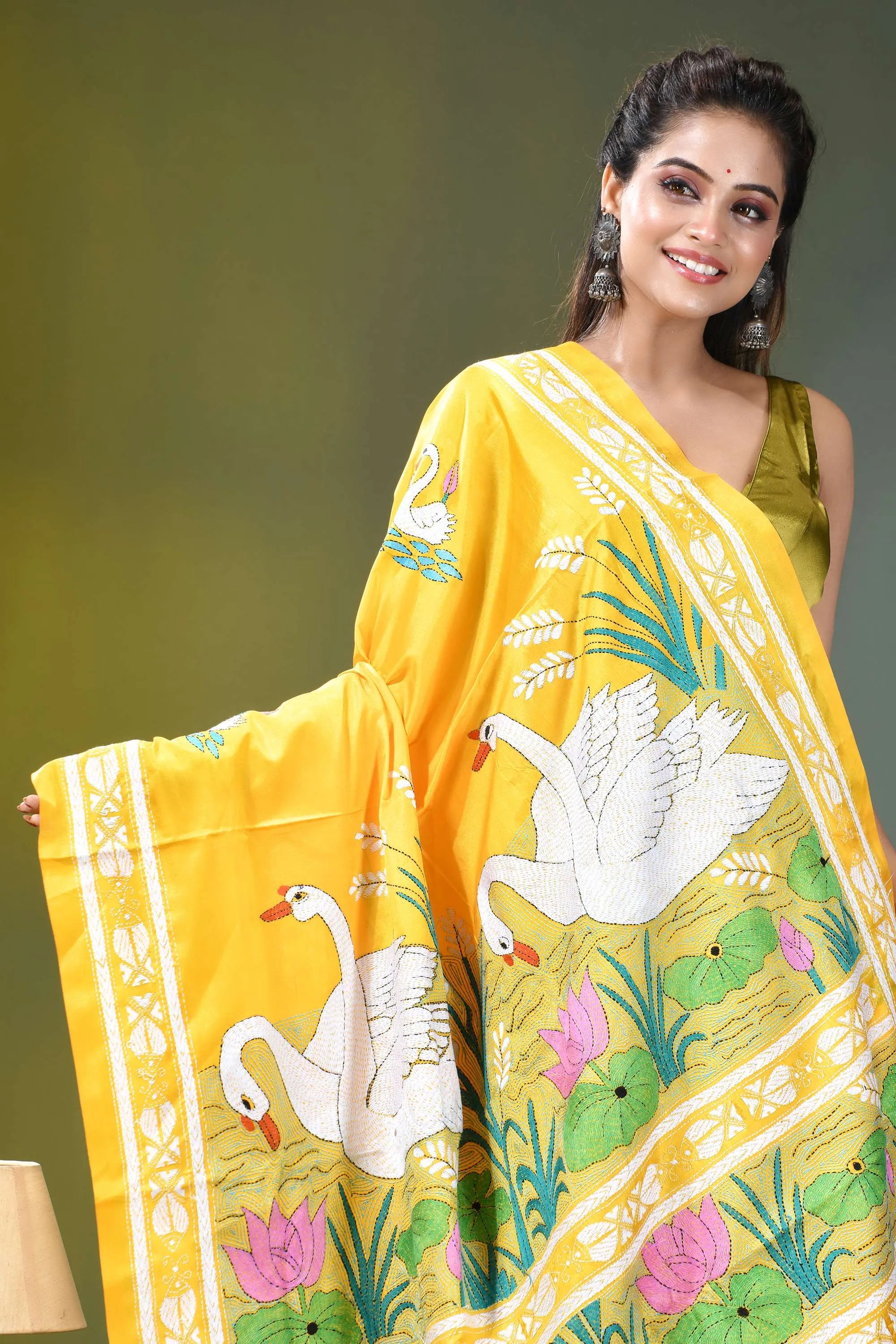 Golden yellow multi-thread nature theme silk kantha work saree vibrant yellow saree adorned embroidered 2