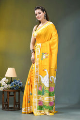 Golden yellow multi-thread nature theme silk kantha work saree vibrant yellow silk saree adorned 3