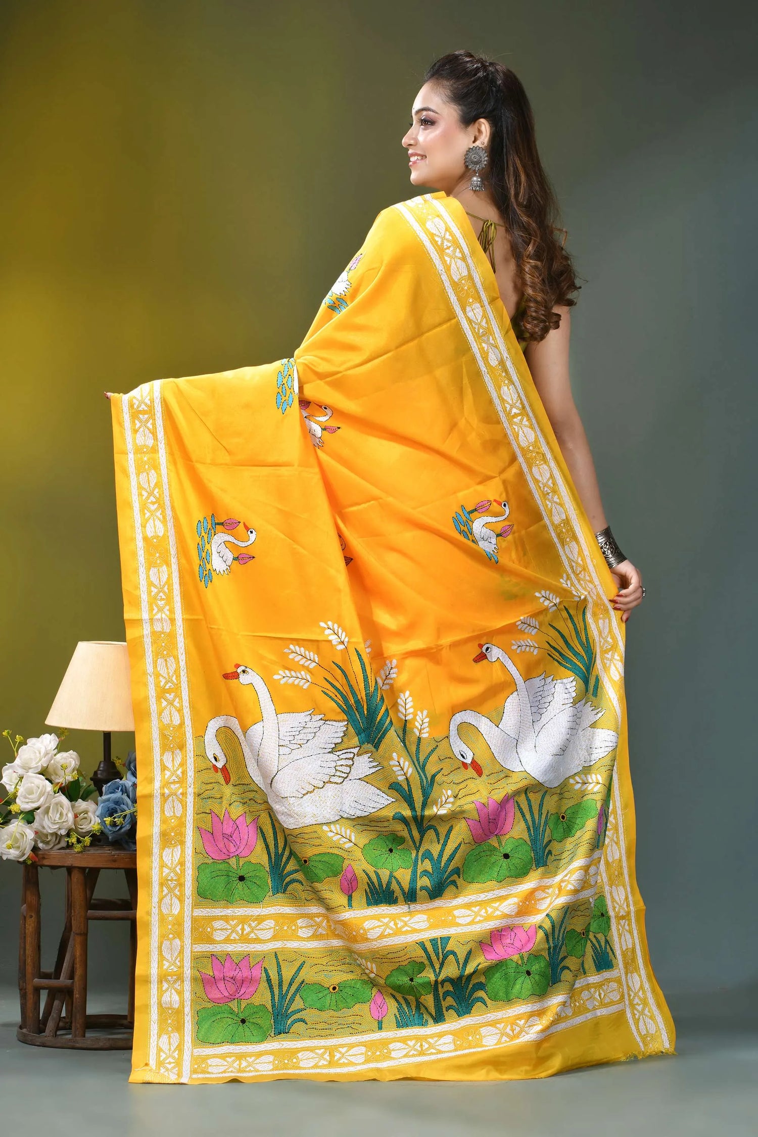 Golden yellow multi-thread nature theme silk kantha work saree vibrant yellow silk saree adorned 5
