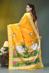 Golden yellow multi-thread nature theme silk kantha work saree vibrant yellow silk saree adorned 5
