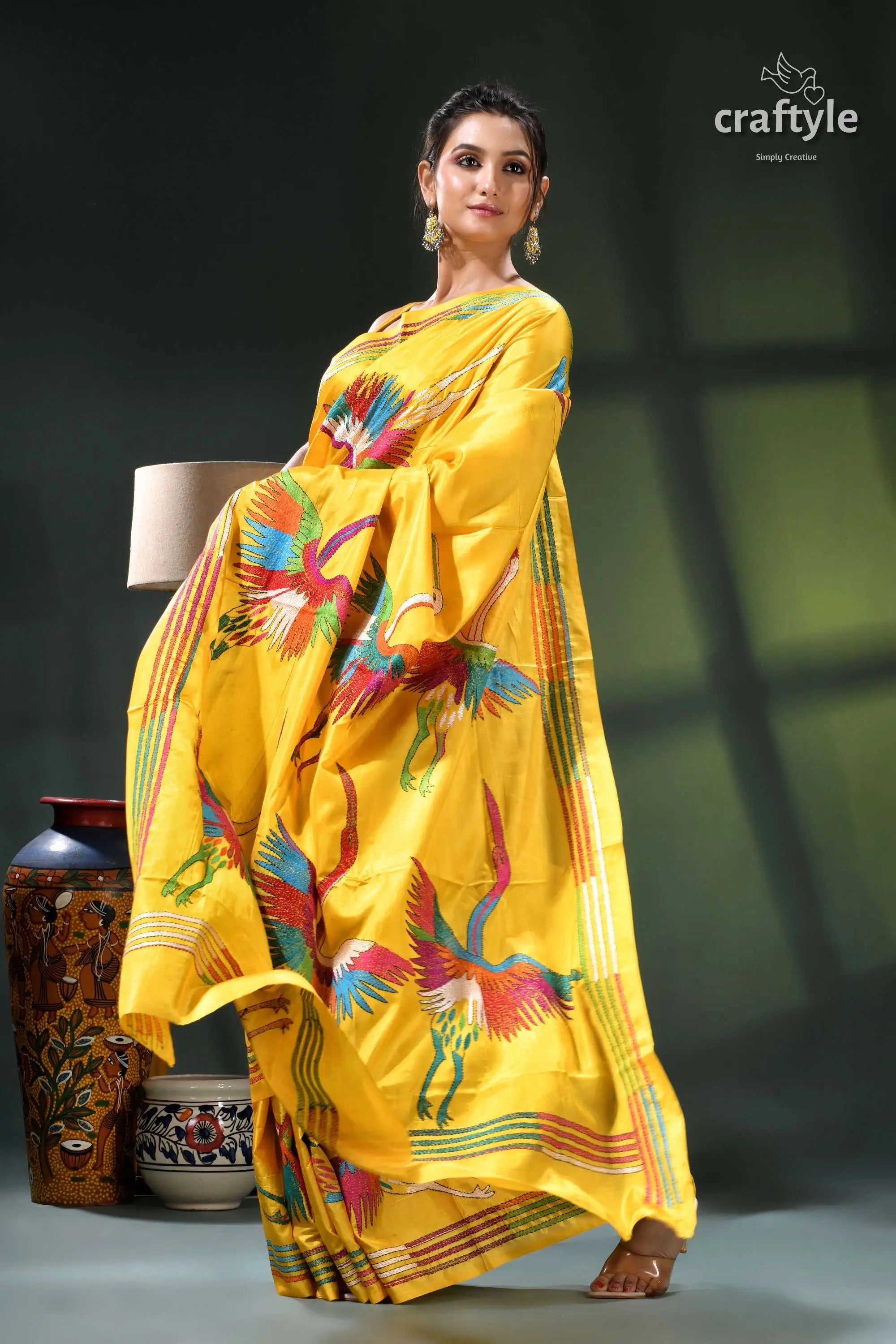 Golden yellow multicolor heron motif exclusive silk kantha stitch saree yellow saree colorful bird designs 6