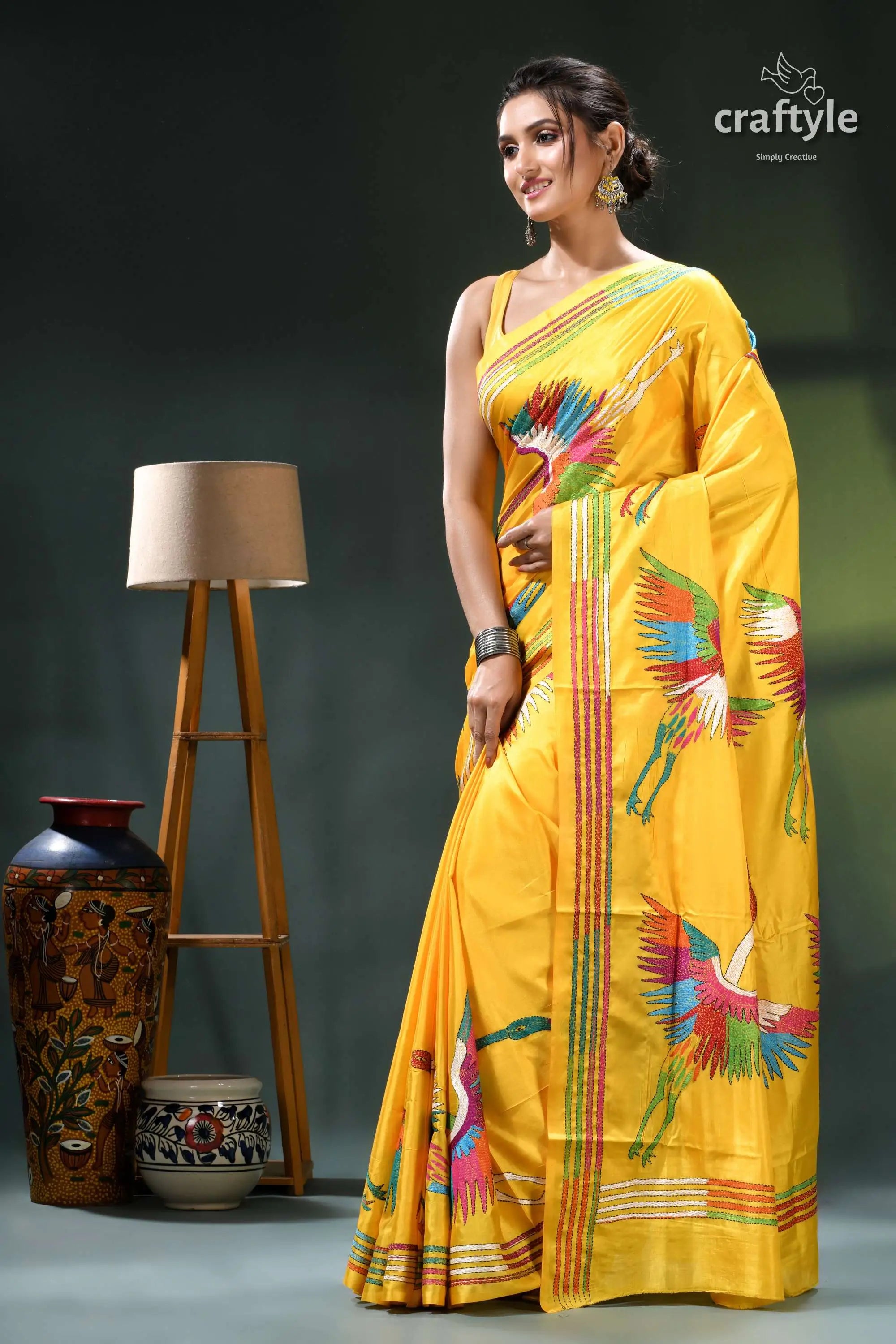 Golden yellow multicolor heron motif exclusive silk kantha stitch saree yellow saree colorful bird designs 3