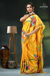 Golden yellow multicolor heron motif exclusive silk kantha stitch saree yellow peacock print saree gold 4