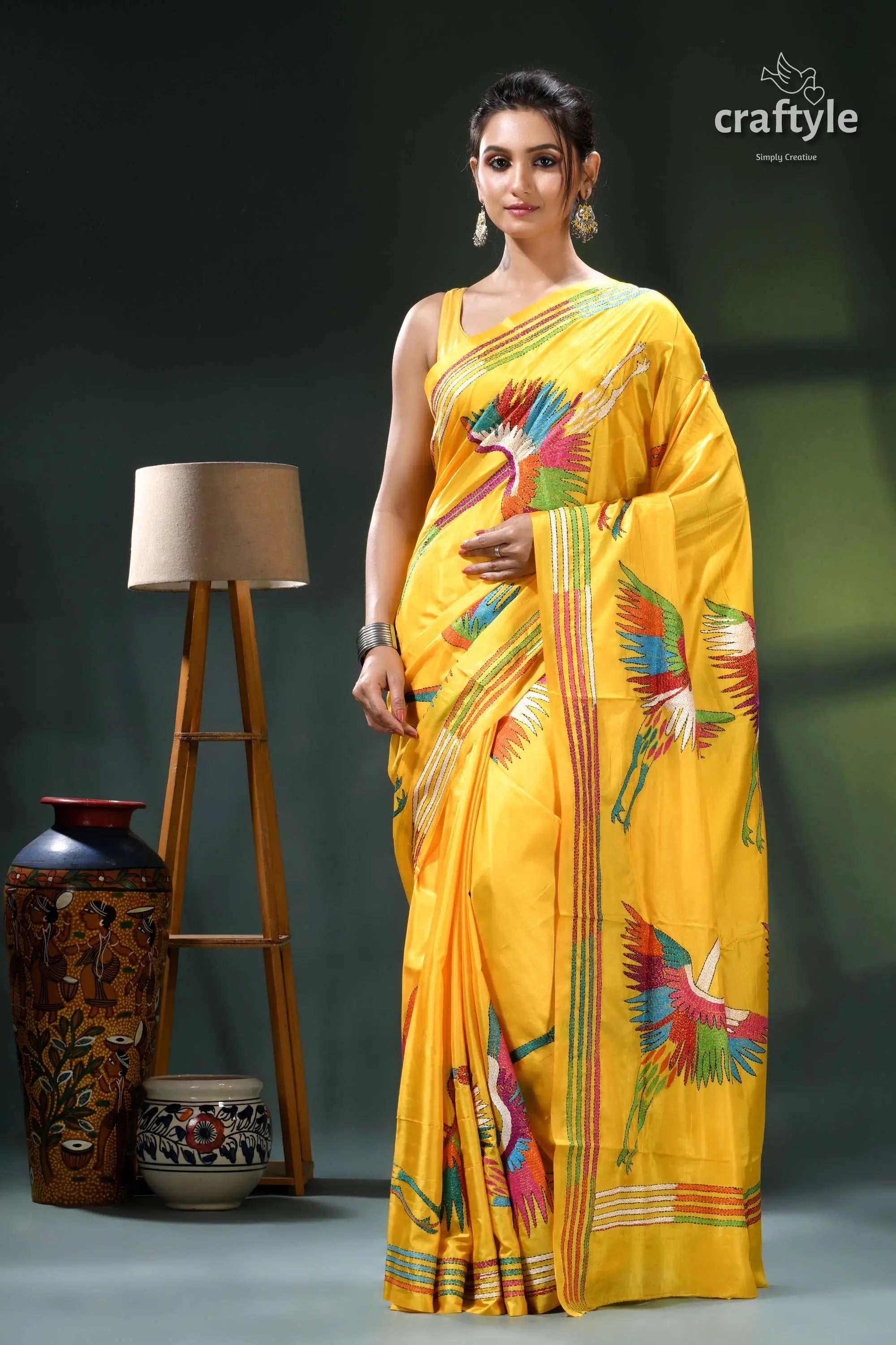 Golden yellow multicolor heron motif exclusive silk kantha stitch saree yellow saree colorful bird designs 1