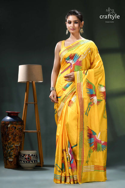 Golden yellow multicolor heron motif exclusive silk kantha stitch saree yellow saree colorful bird designs 1