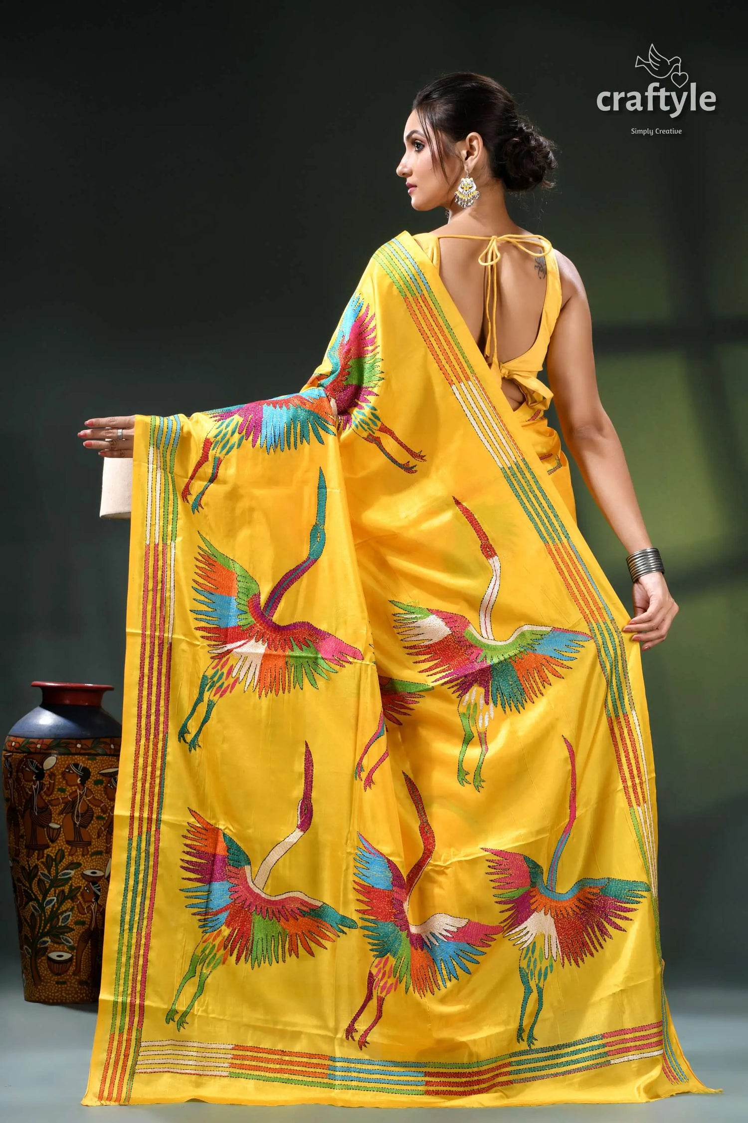 Golden yellow multicolor heron motif exclusive silk kantha stitch saree yellow saree colorful bird print 5