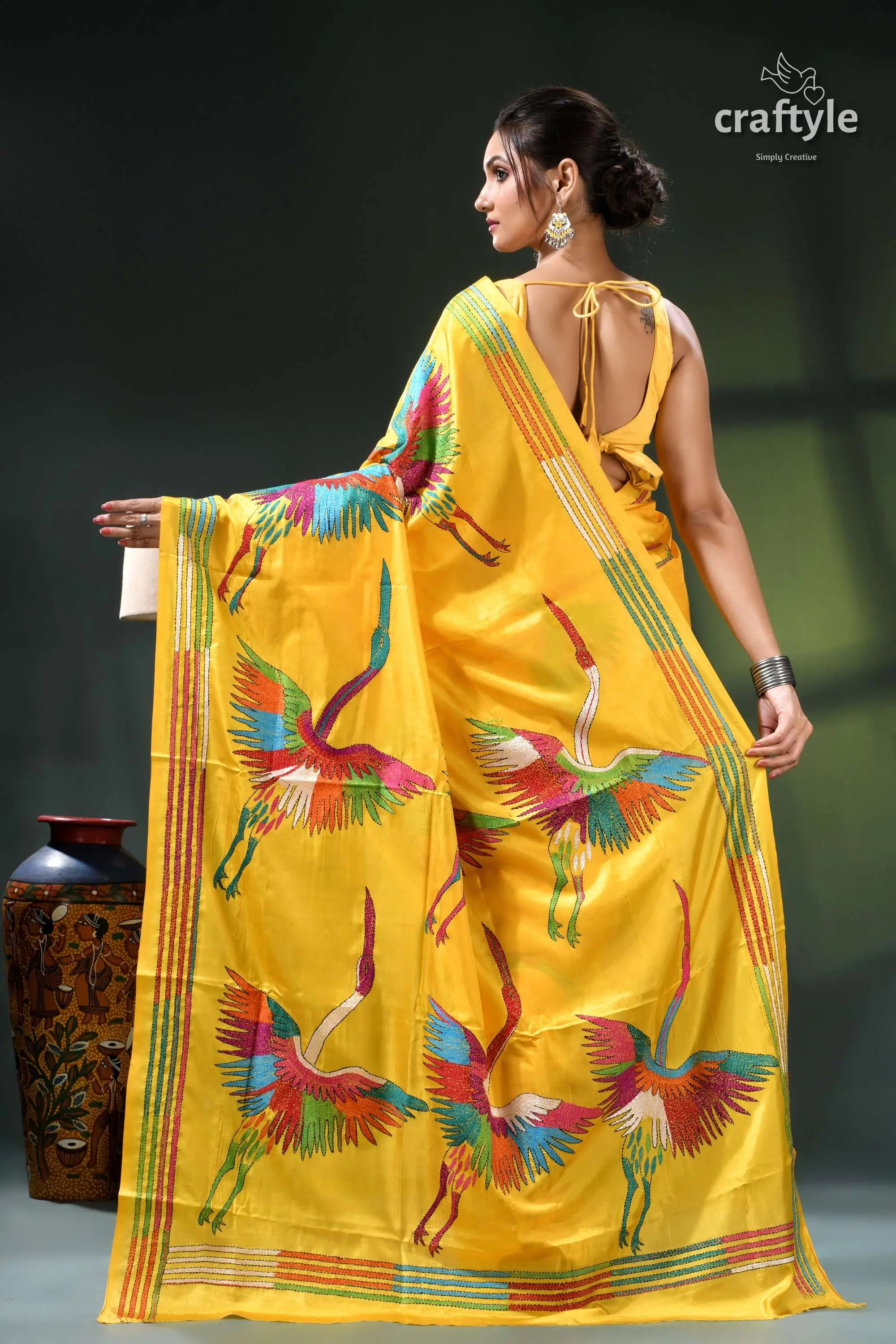 Golden yellow multicolor heron motif exclusive silk kantha stitch saree yellow saree colorful bird print 5