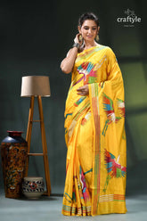 Golden yellow multicolor heron motif exclusive silk kantha stitch saree yellow saree colorful bird designs 7