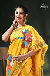 Golden yellow multicolor heron motif exclusive silk kantha stitch saree yellow saree colorful bird design 2