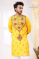 Golden yellow multithread kantha work ethnic cotton kurta for men vibrant intricate red 2