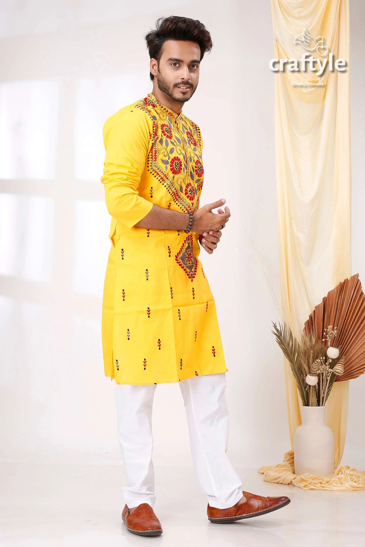 Golden yellow multithread kantha work ethnic cotton kurta for men bright embroidered intricate 4