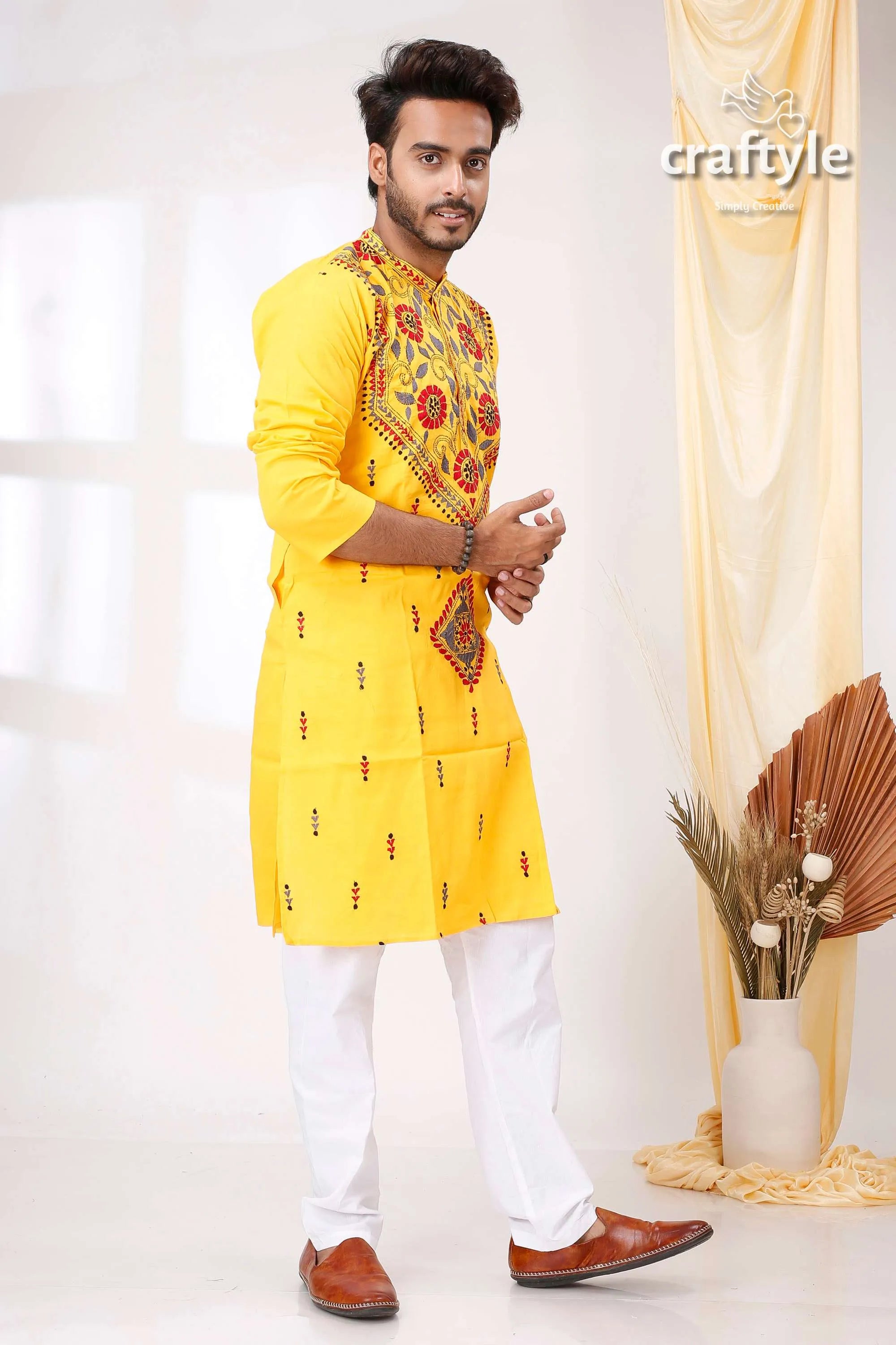 Golden yellow multithread kantha work ethnic cotton kurta for men bright embroidered intricate 4