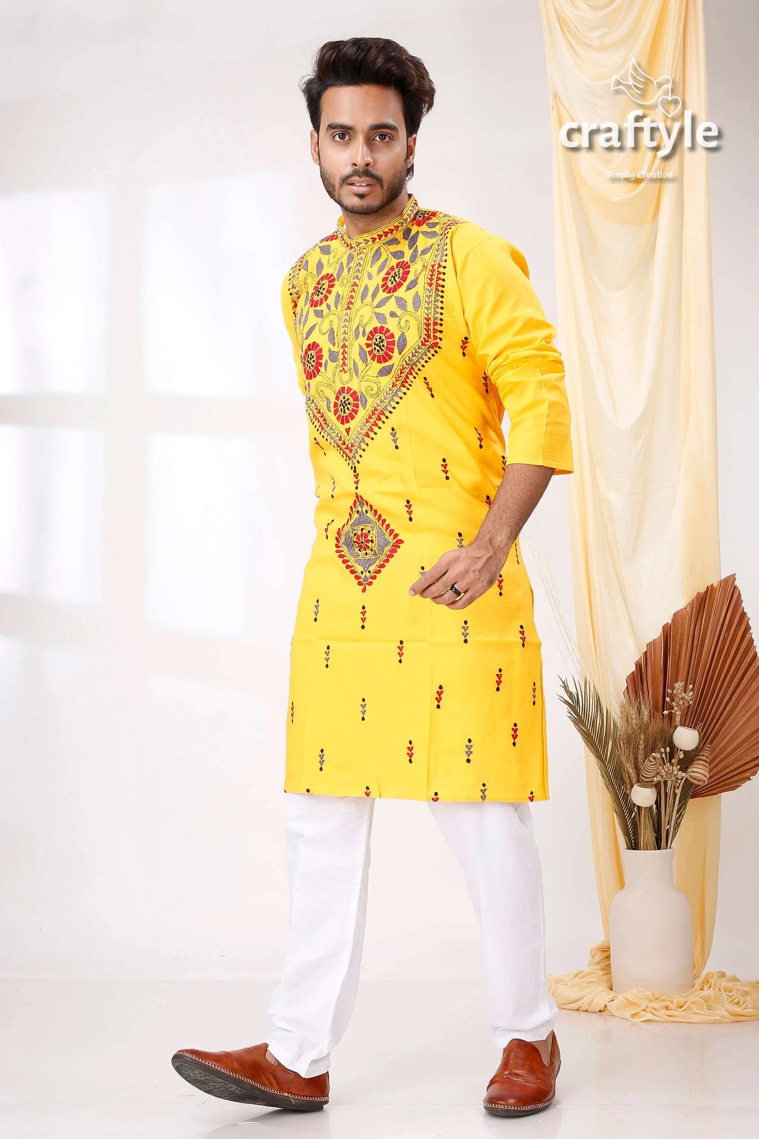Golden yellow multithread kantha work ethnic cotton kurta for men bright embroidered intricate 3