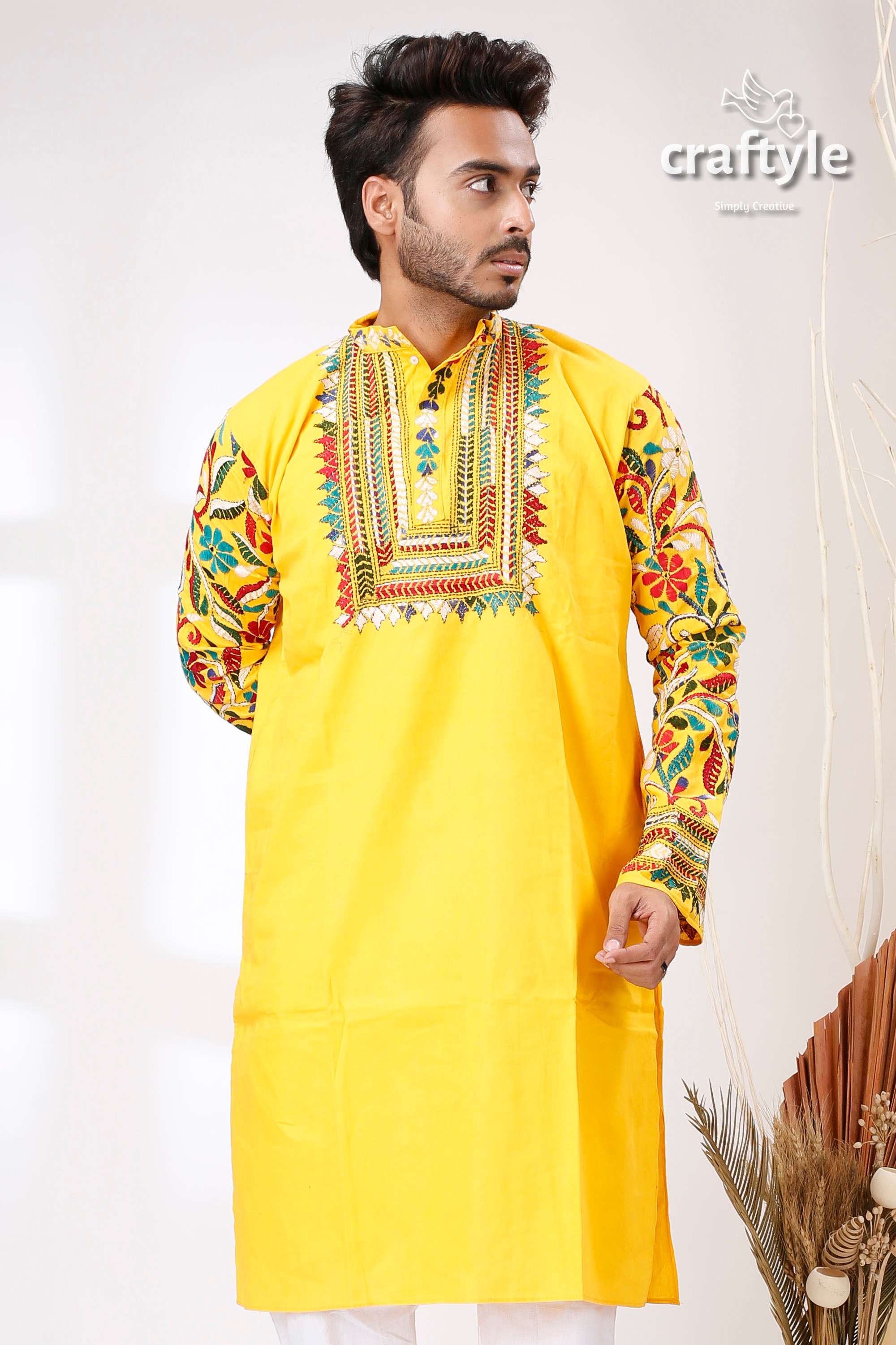 Golden Yellow Multithread Work Kantha Embroidered Cotton Mens Kurta - Craftyle