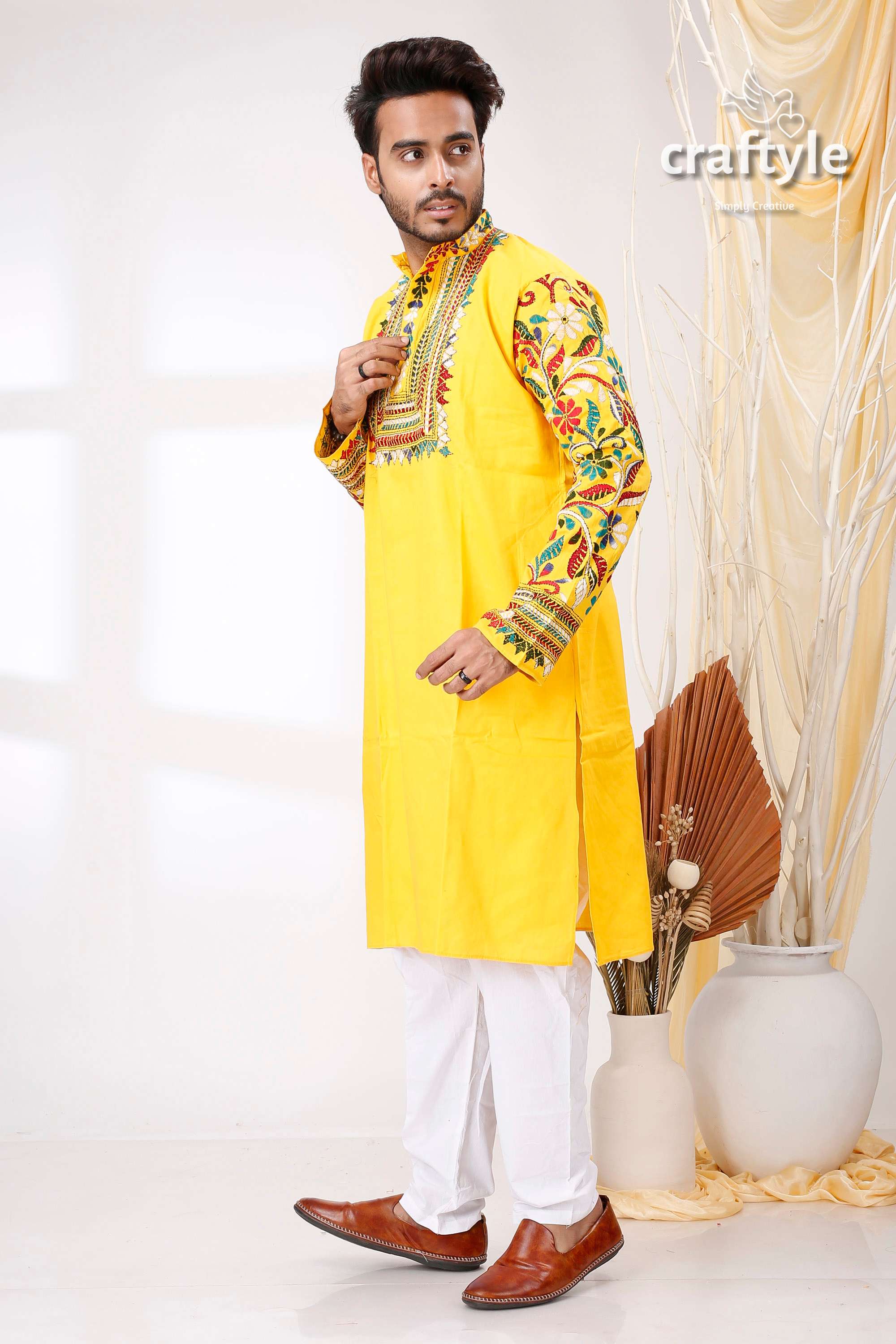 Golden Yellow Multithread Work Kantha Embroidered Cotton Mens Kurta - Craftyle