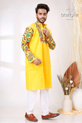 Golden Yellow Multithread Work Kantha Embroidered Cotton Mens Kurta - Craftyle