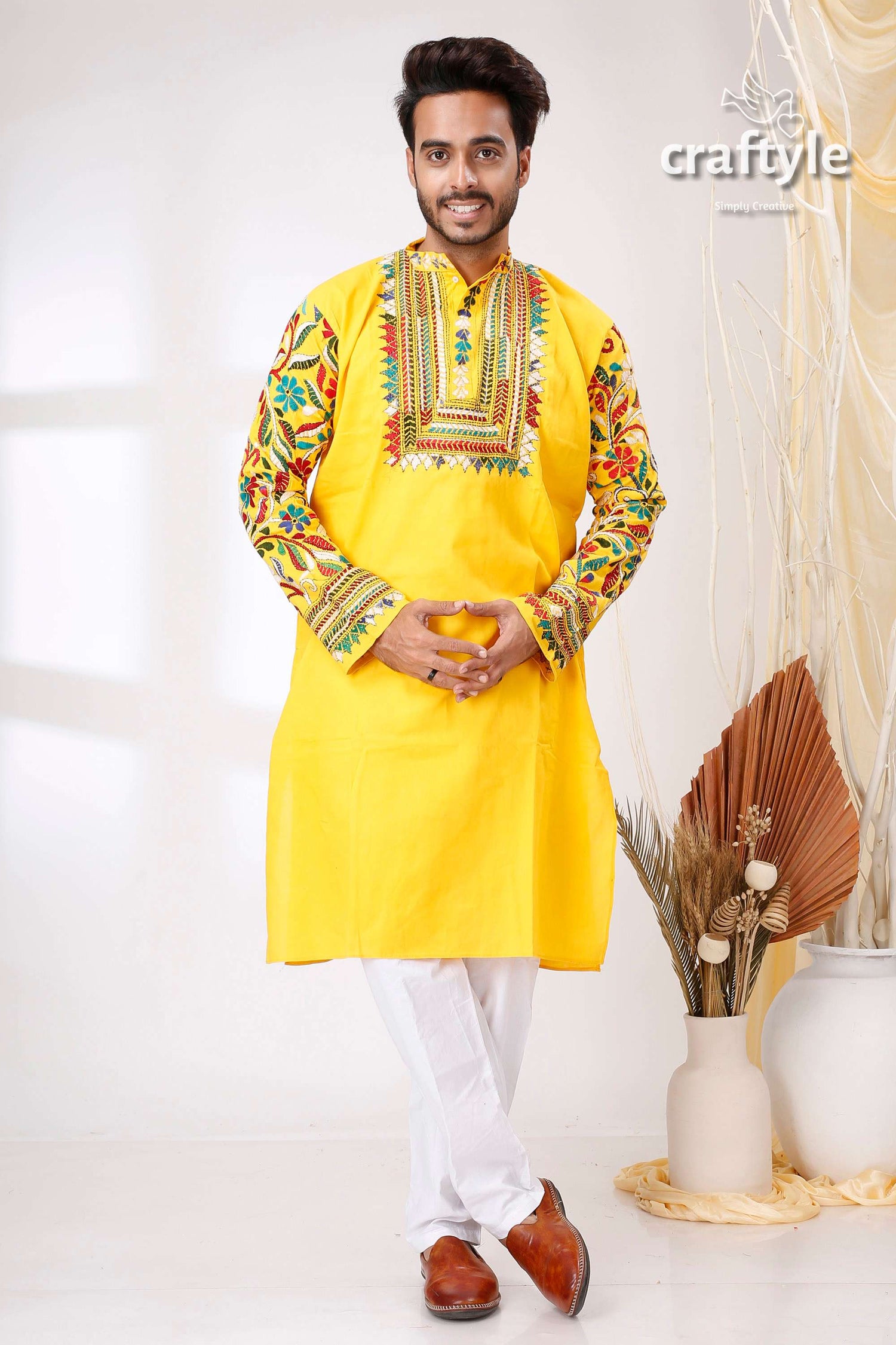 Golden Yellow Multithread Work Kantha Embroidered Cotton Mens Kurta - Craftyle