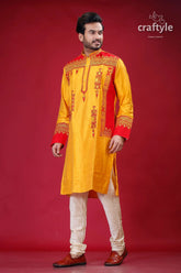 Golden yellow red silk kurta for men - elegant embroidery design man yellow red embroidered kurta 3