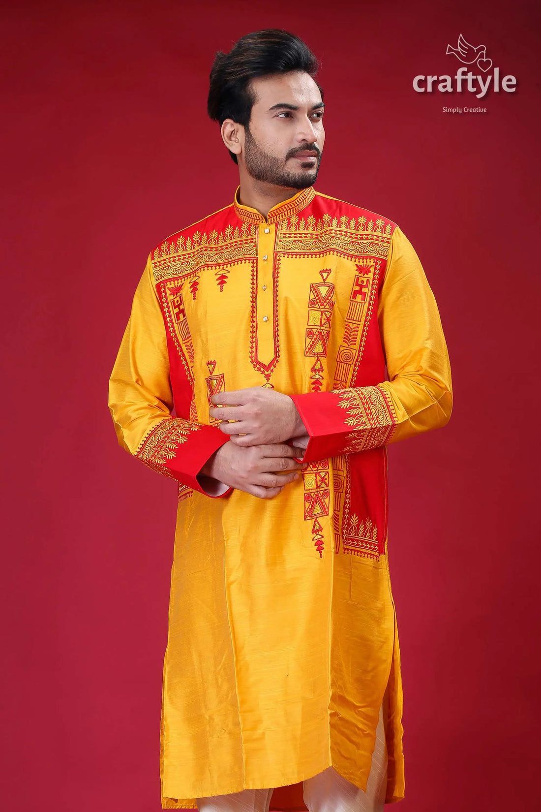 Golden yellow red silk kurta for men elegant embroidery design yellow red embroidered kurta 2