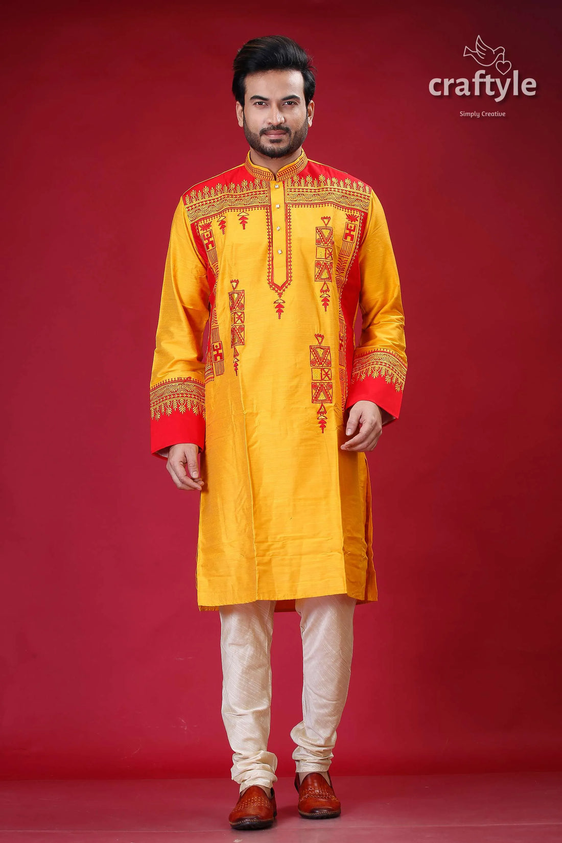 Golden yellow red silk kurta for men - elegant embroidery design yellow red embroidered kurta 1