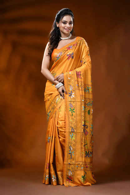 Golden yellow silk kantha stitch saree with butterfly floral design 6