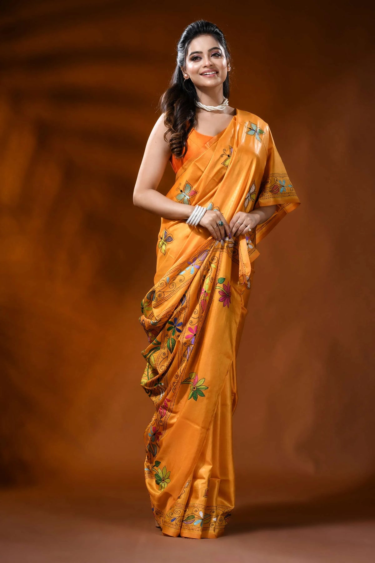 Golden yellow silk kantha stitch saree with butterfly floral design 4