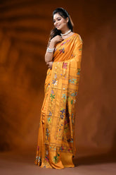 Golden yellow silk kantha stitch saree with butterfly floral design 3