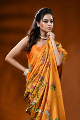 Golden yellow silk kantha stitch saree with butterfly floral design 2