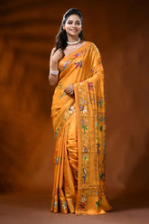 Golden yellow silk kantha stitch saree with butterfly floral design 1