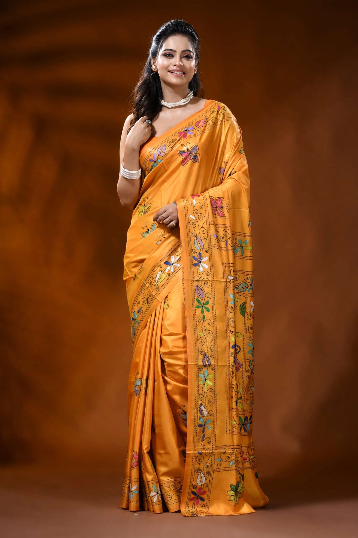 Golden yellow silk kantha stitch saree with butterfly floral design 1