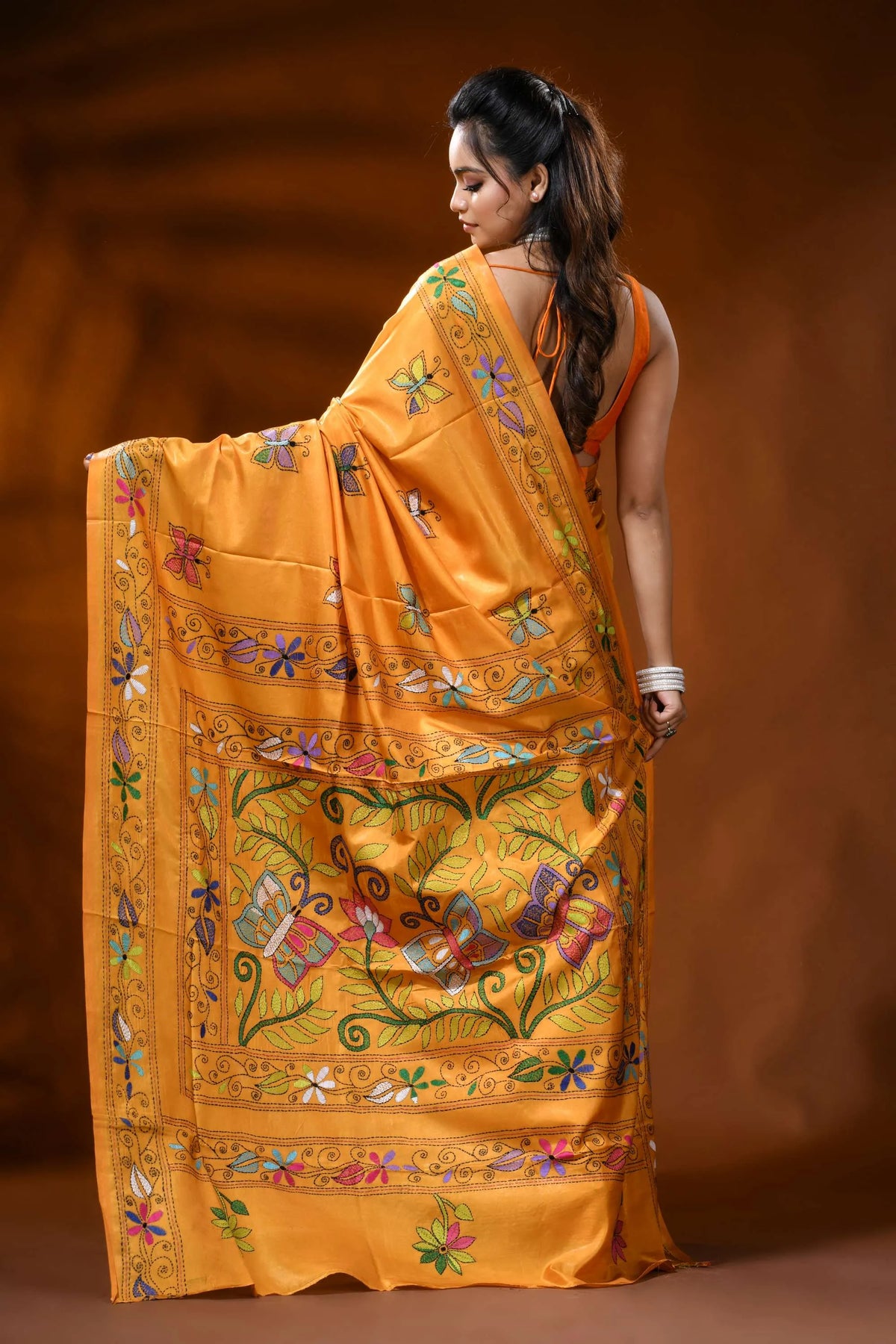 Golden yellow silk kantha stitch saree with butterfly floral design 5