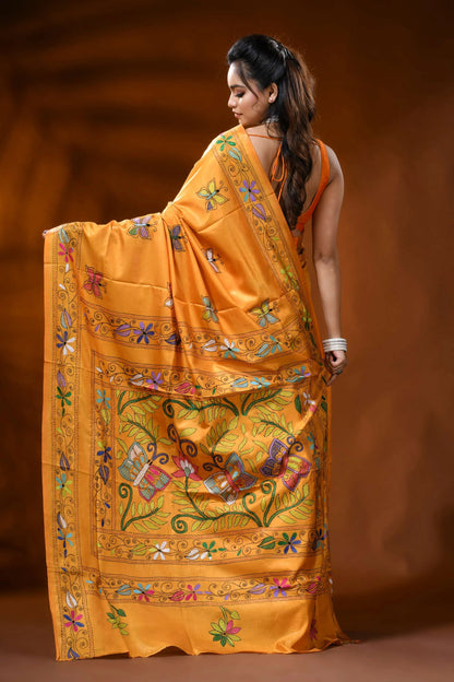Golden yellow silk kantha stitch saree with butterfly floral design 5