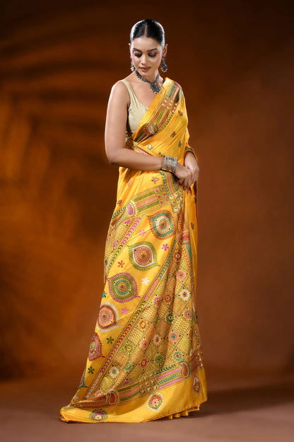 Golden yellow silk kantha stitch saree with handcrafted ethnic design 4