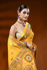 Golden yellow silk kantha stitch saree with handcrafted ethnic design 2