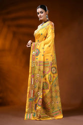 Golden yellow silk kantha stitch saree with handcrafted ethnic design 3