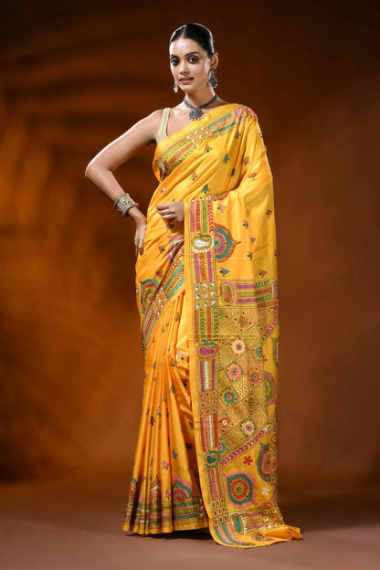 Golden yellow silk kantha stitch saree with handcrafted ethnic design 6
