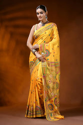 Golden yellow silk kantha stitch saree with handcrafted ethnic design 1