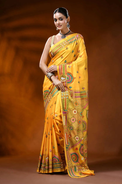 Golden yellow silk kantha stitch saree with handcrafted ethnic design 1