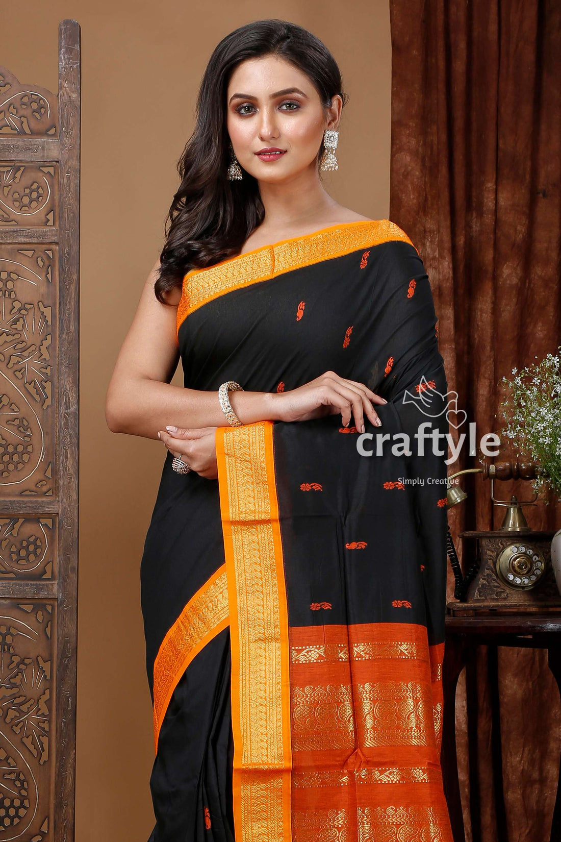 Gorgeous Ebony Black Zari Border Gadwal Silk Saree with Butta Design - Craftyle