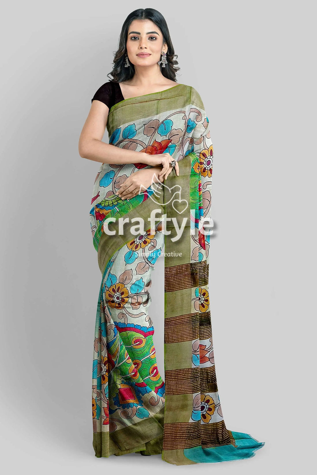 Gorgeous handmade floral design pure tussar kalamkari saree with zari border floral-patterned saree 2
