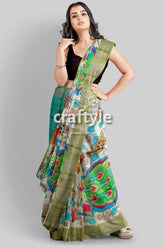 Gorgeous Handmade Floral Design Pure Tussar Kalamkari Saree with Zari Border - Craftyle