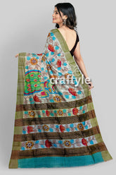 Gorgeous Handmade Floral Design Pure Tussar Kalamkari Saree with Zari Border - Craftyle